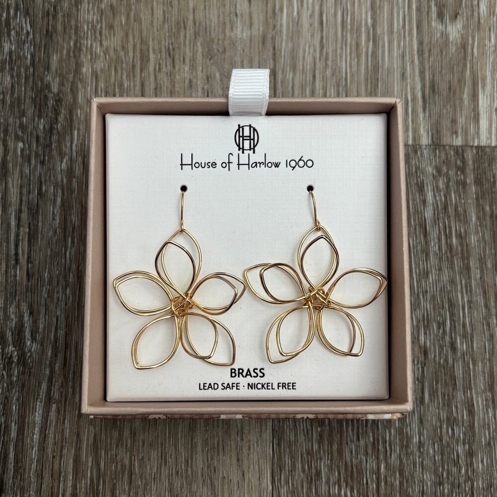 NEW House of Harlow 1960 Brass Gold Tone Wire Flower Dangle Earrings